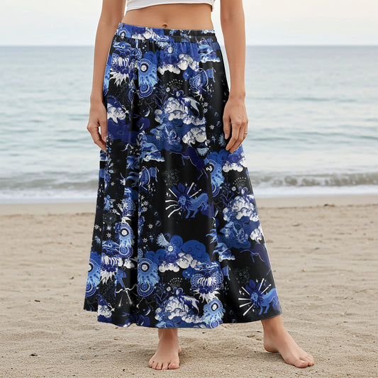 Women Casual Maxi Skirt Long Elastic Waist with Pockets 100% Cotton Blue Aloha Mystical Cosmic Blue Galaxy