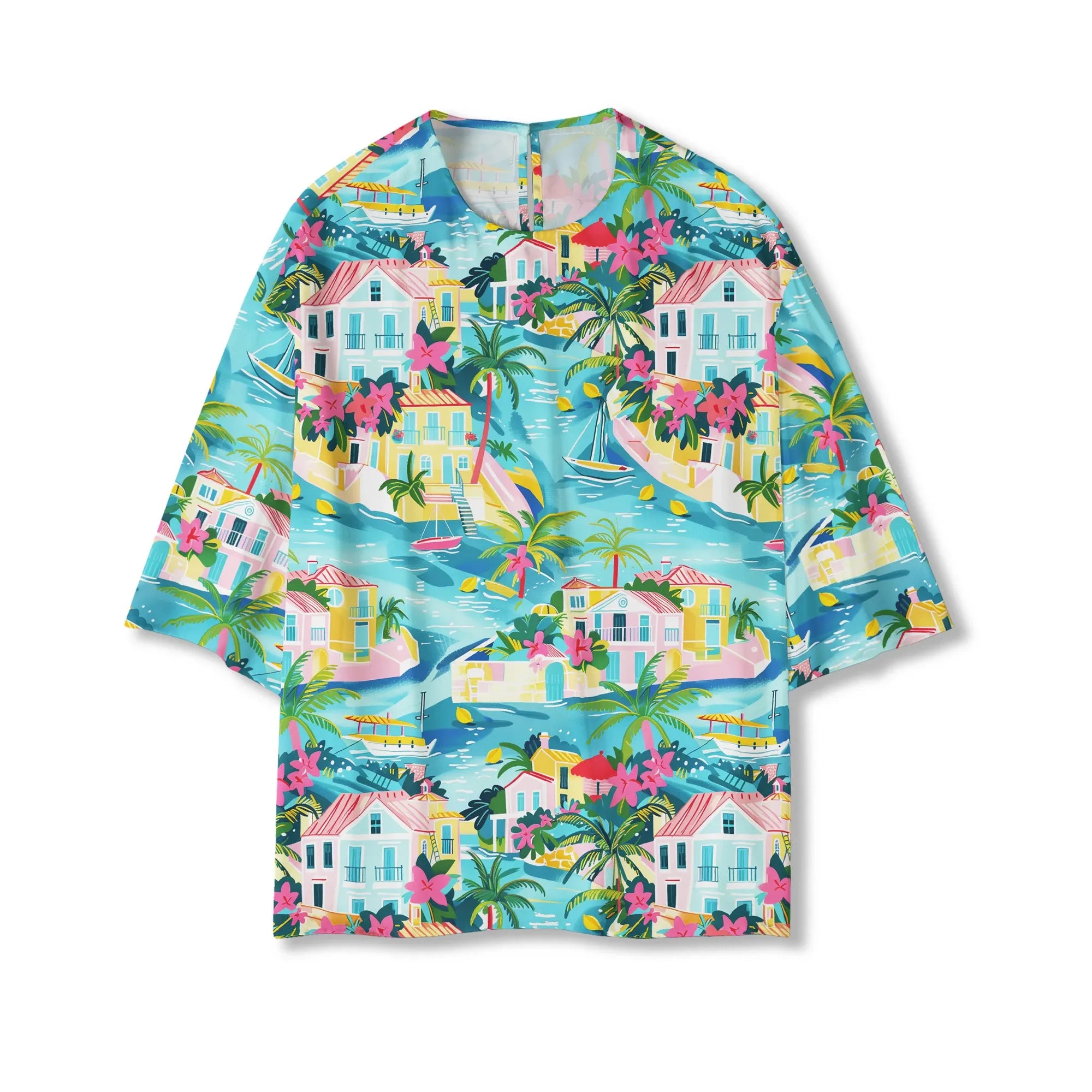 Tropical bay themed blouse with candy-colored cottages