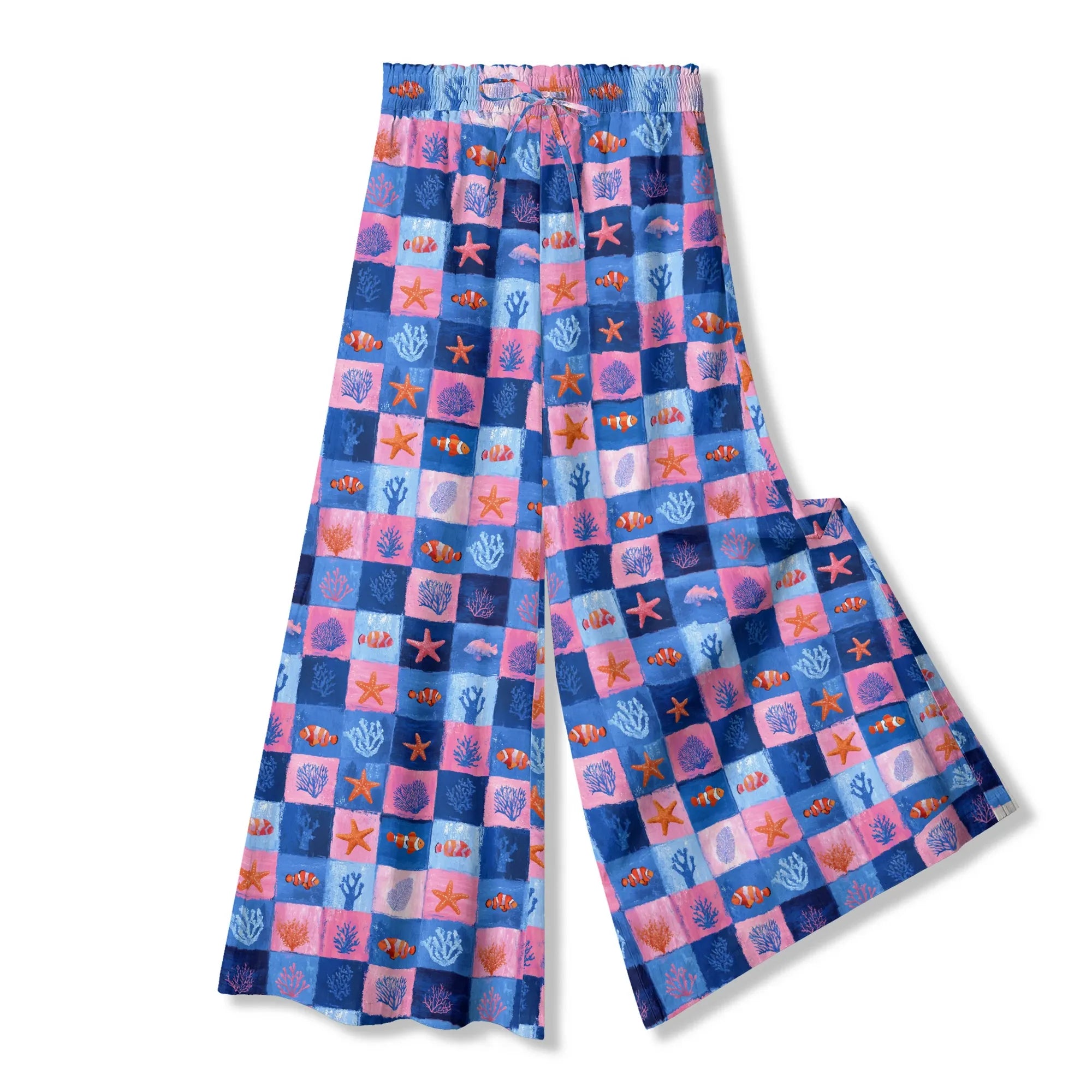 Art-inspired women's palazzo pants with coral and fish elements
