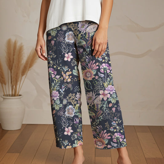 Women Casual Ankle Pants Lounge Elastic Waist with Pockets 93% Lyocell, 7% Linen Blue Aloha Night Blossom Dream