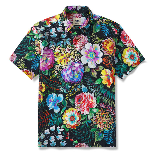 Chemise hawaïenne florale pour homme 100 % coton noire Aloha à manches courtes et à boutons