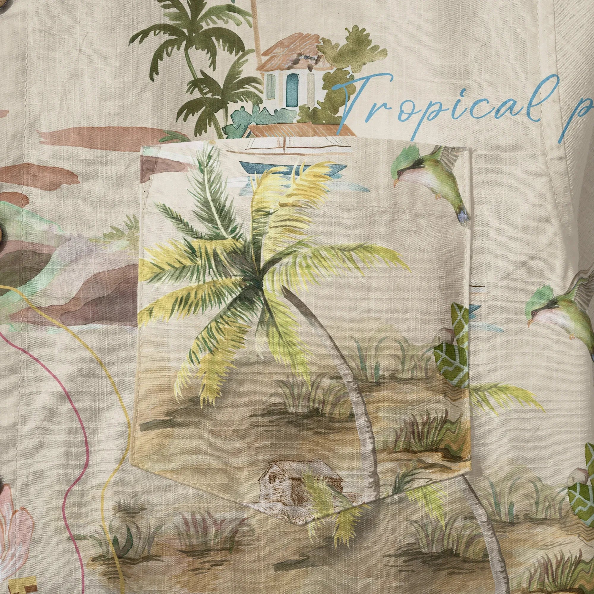Short sleeve Hawaiian shirt with seaside cottages