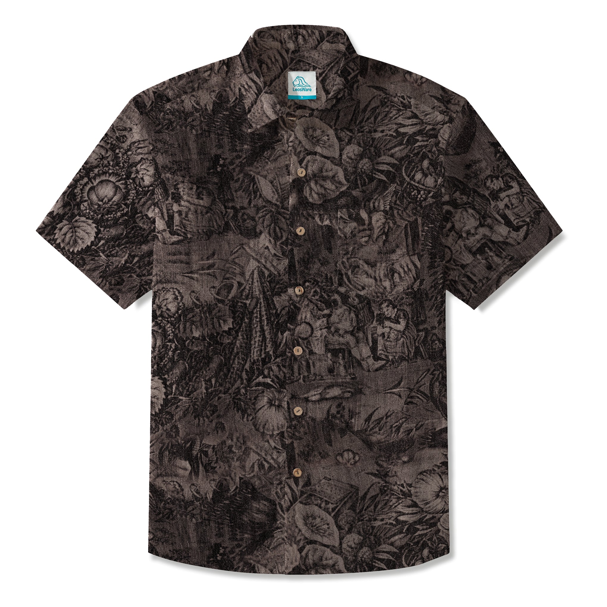 LeosWare® Men's Hawaiian Shirt Short Sleeve Button-up 100% Cotton Brown Aloha Yellow Gray