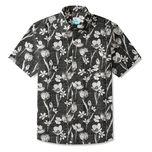 Black ink strokes flower men's Hawaiian shirt, short sleeve