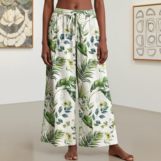 Women Casual Pants Lounge Elastic Waist Drawstring with Pockets 93% Lyocell, 7% Linen Green Aloha Fresh Rainforest Flowers