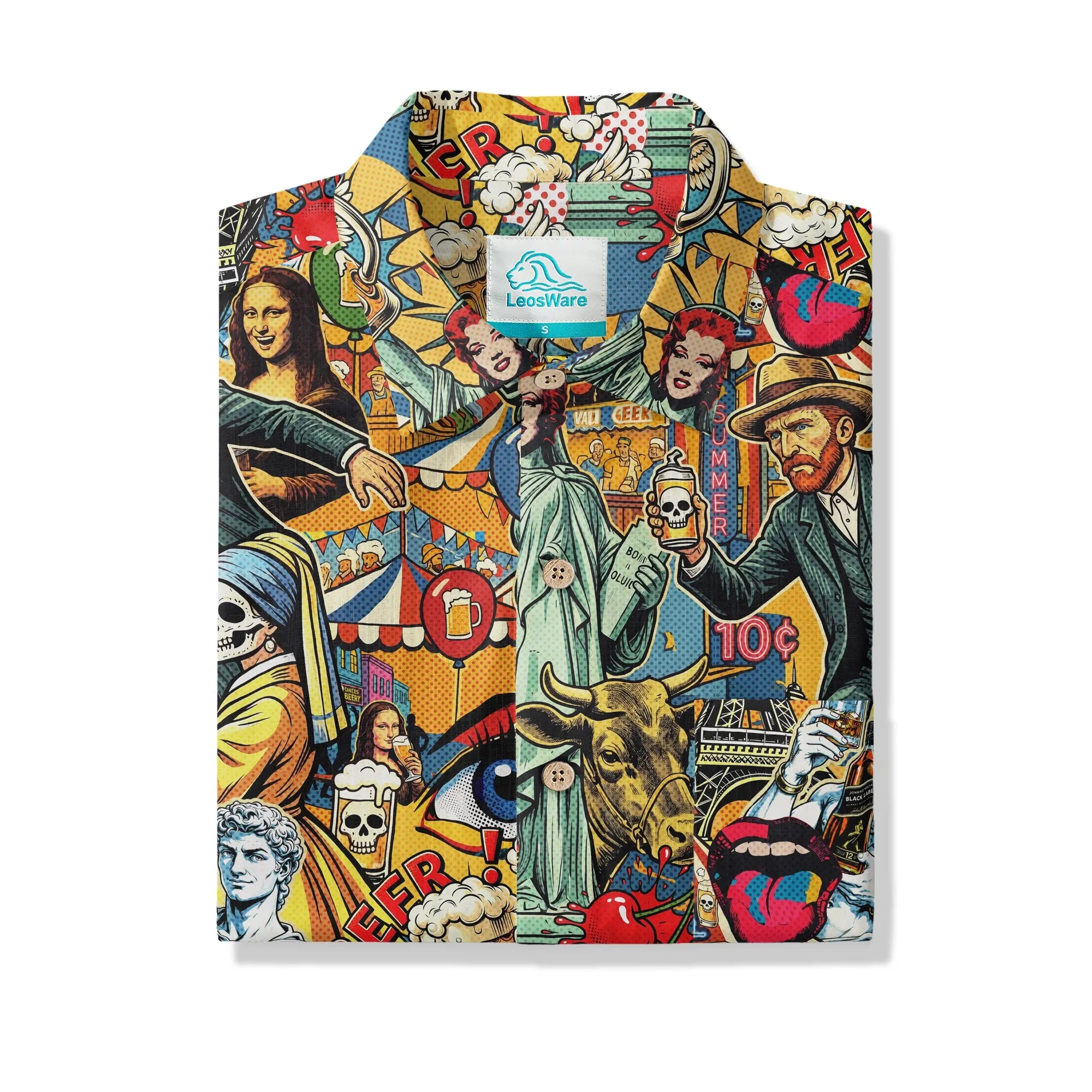 LeosWare men's shirt, green aloha art beer collage