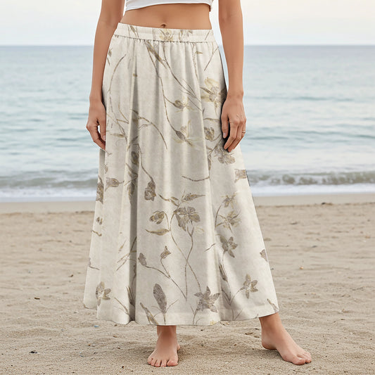 Women Casual Maxi Skirt Long Elastic Waist with Pockets 100% Cotton Green Aloha Elegant Soft Florals