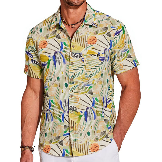 LeosWare® Men's Hawaiian Shirt Short Sleeve Button-up 100% Cotton Yellow Aloha Vivid Tropical Plant Illustration
