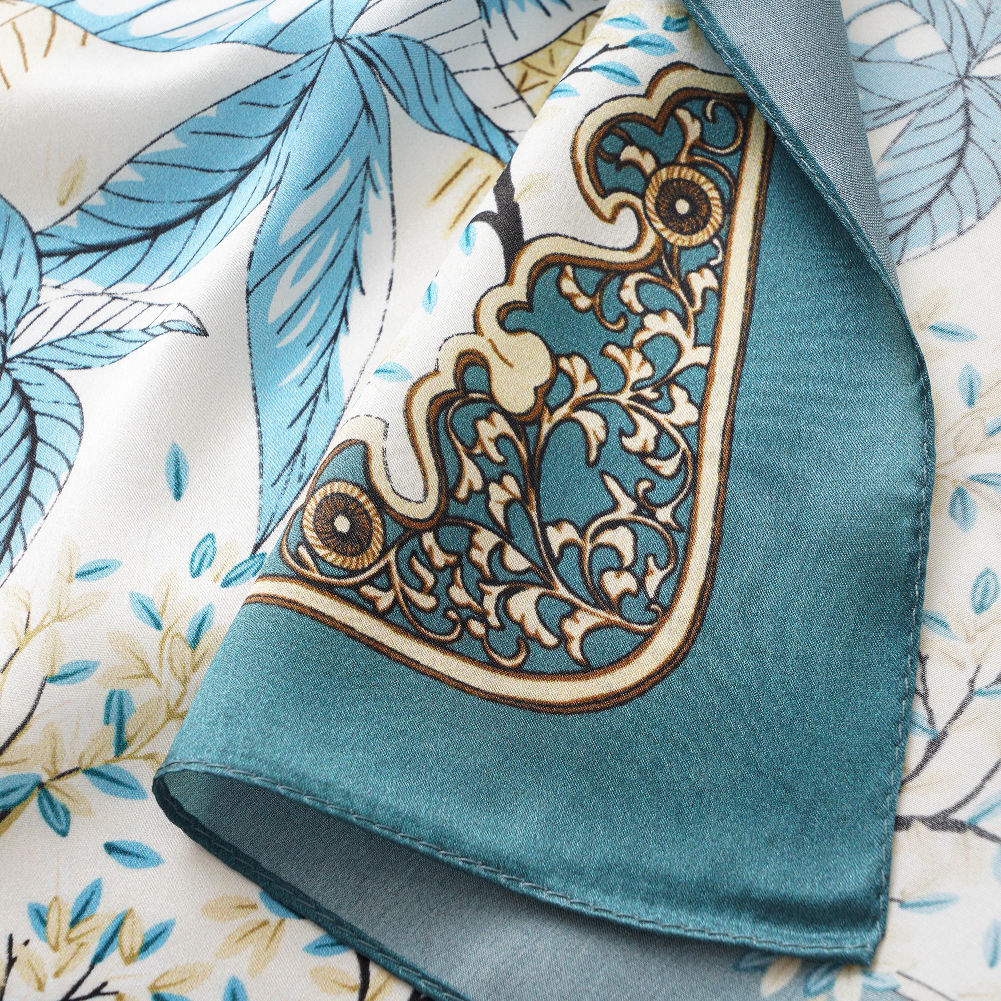 Floral Square Scarf 100% Mulberry Silk Azure Leaf Elegance Azure Leaf Elegance 100% Silk 53*53cm