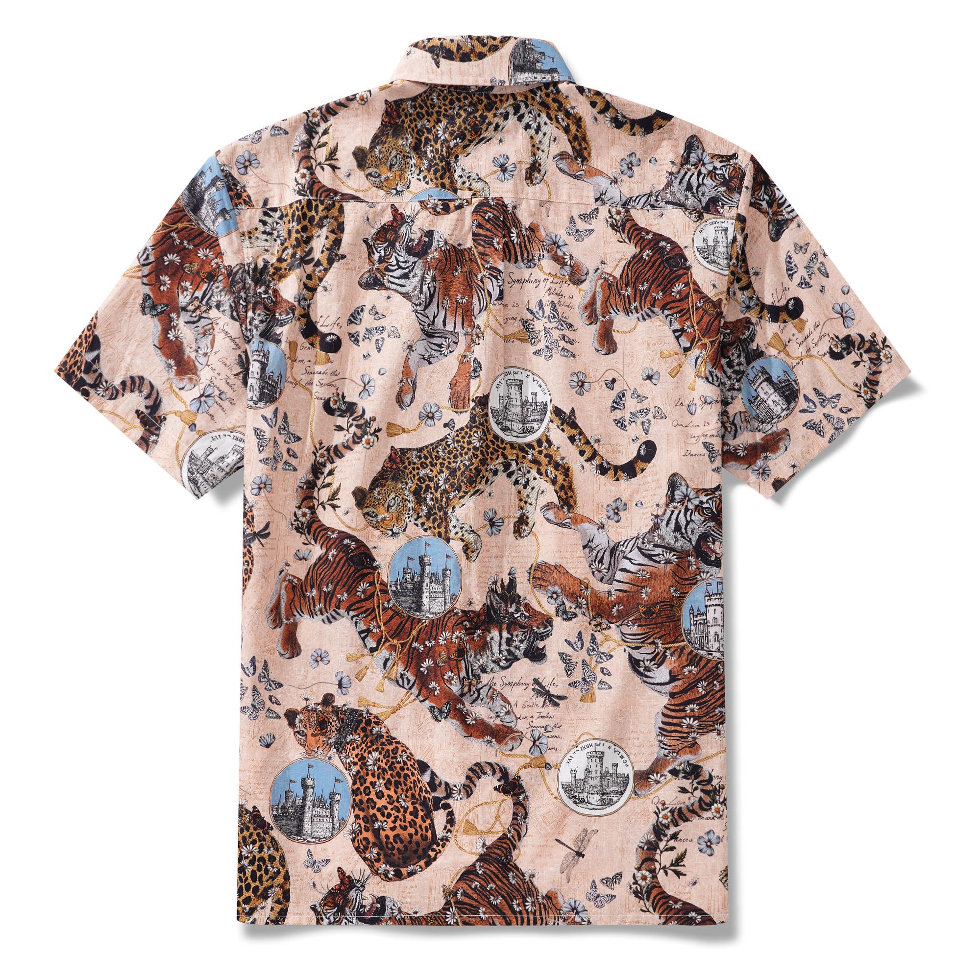 Men's Hawaiian Shirt Short Sleeve Button-down 100% Cotton Beige Aloha Wild Romance