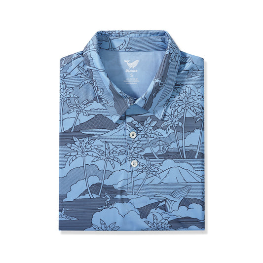 Blue Aloha Island Polo Shirt featuring coconut trees and surfers