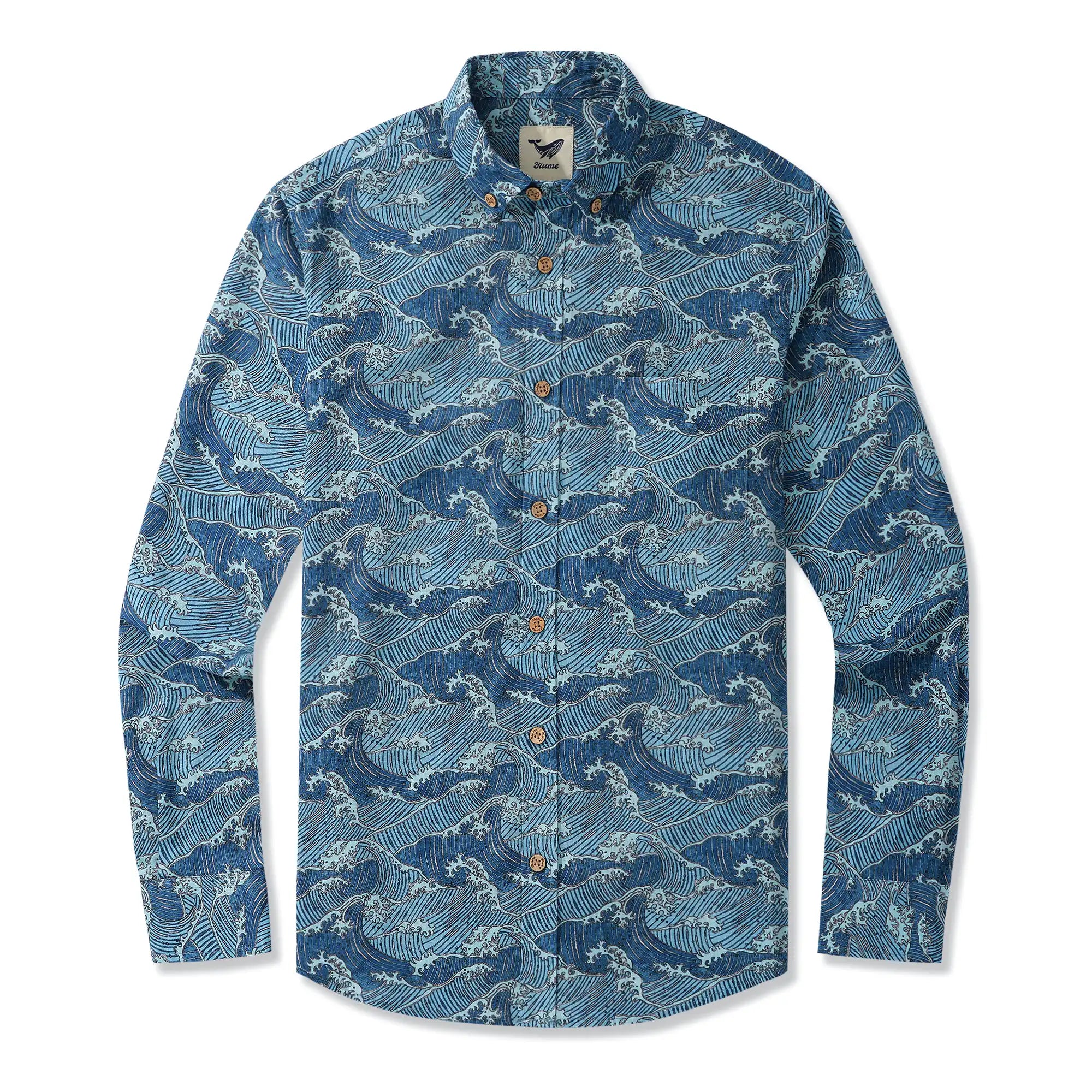 Men's Hawaiian Shirt Long Sleeve Button-down 100% Cotton Blue Aloha Surging Waves Of Ukiyo-e