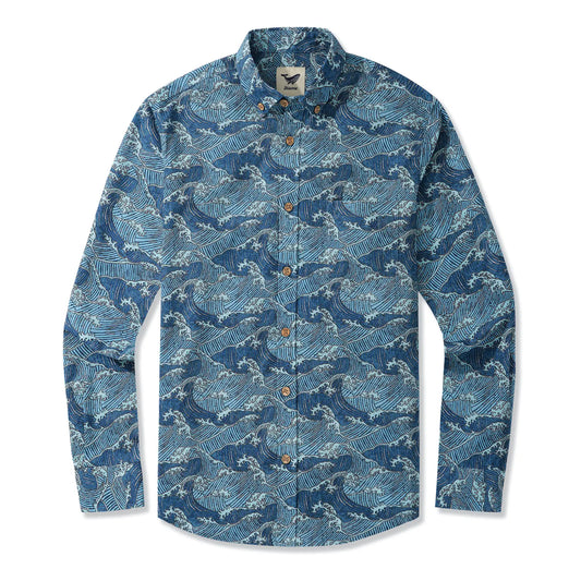Men's Hawaiian Shirt Long Sleeve Button-down 100% Cotton Blue Aloha Surging Waves Of Ukiyo-e