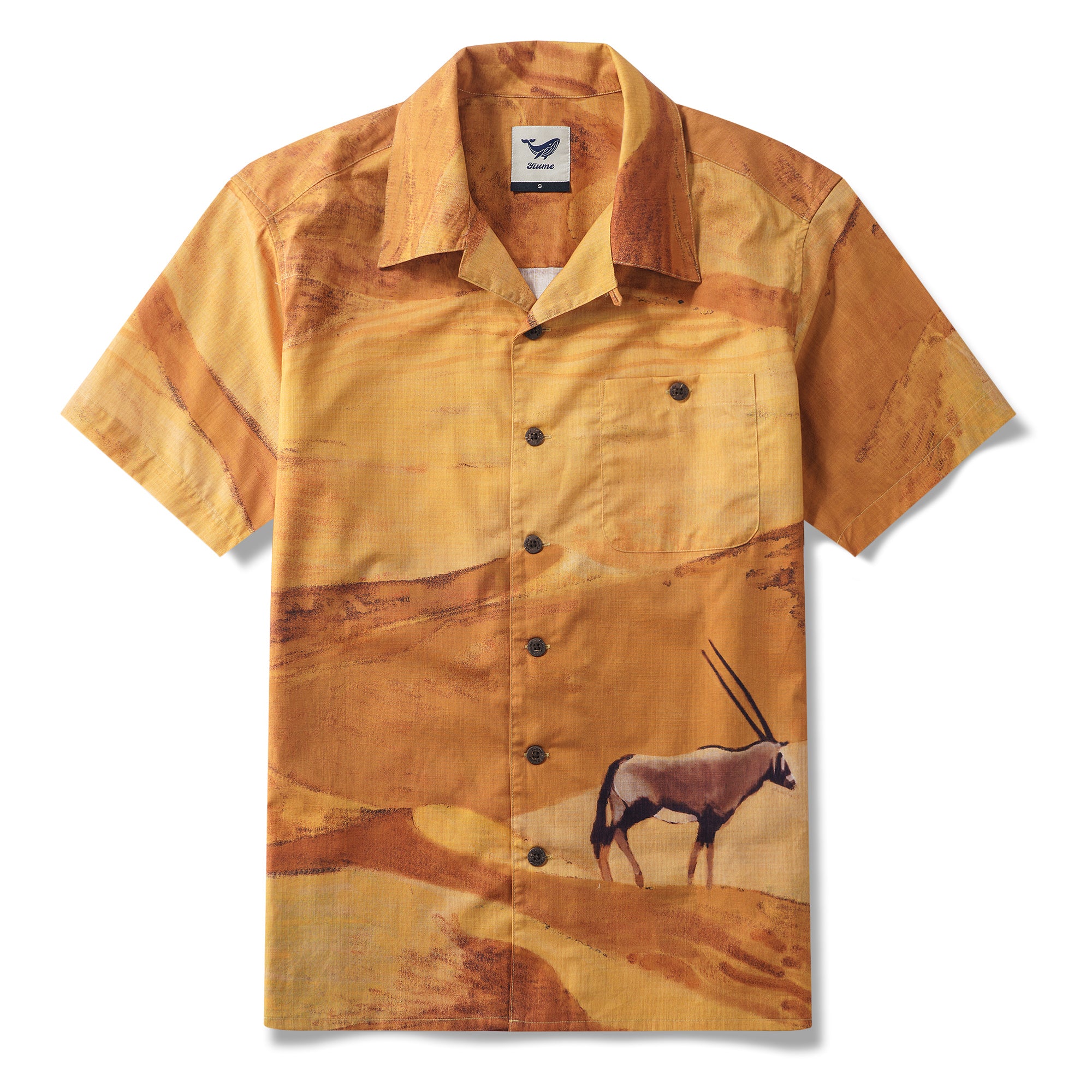 Herren -Hawaiian -Hemd Kurzarm Camp Halsharmino 100% Baumwolle gelbe Aloha Hitzewellen von Andrea Leonelli