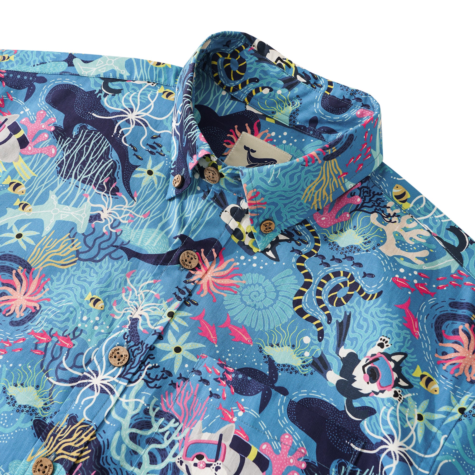 Chemise hawaïenne bleue masculine Fish & Turtle chemise à manches courtes à manches courtes 100% coton bleu aloha plongée chiot