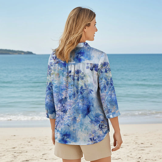 Women Casual Blouse 3/4 Sleeve V-neck Shirt Collar 100% Lyocell Blue Aloha Blue Dreams