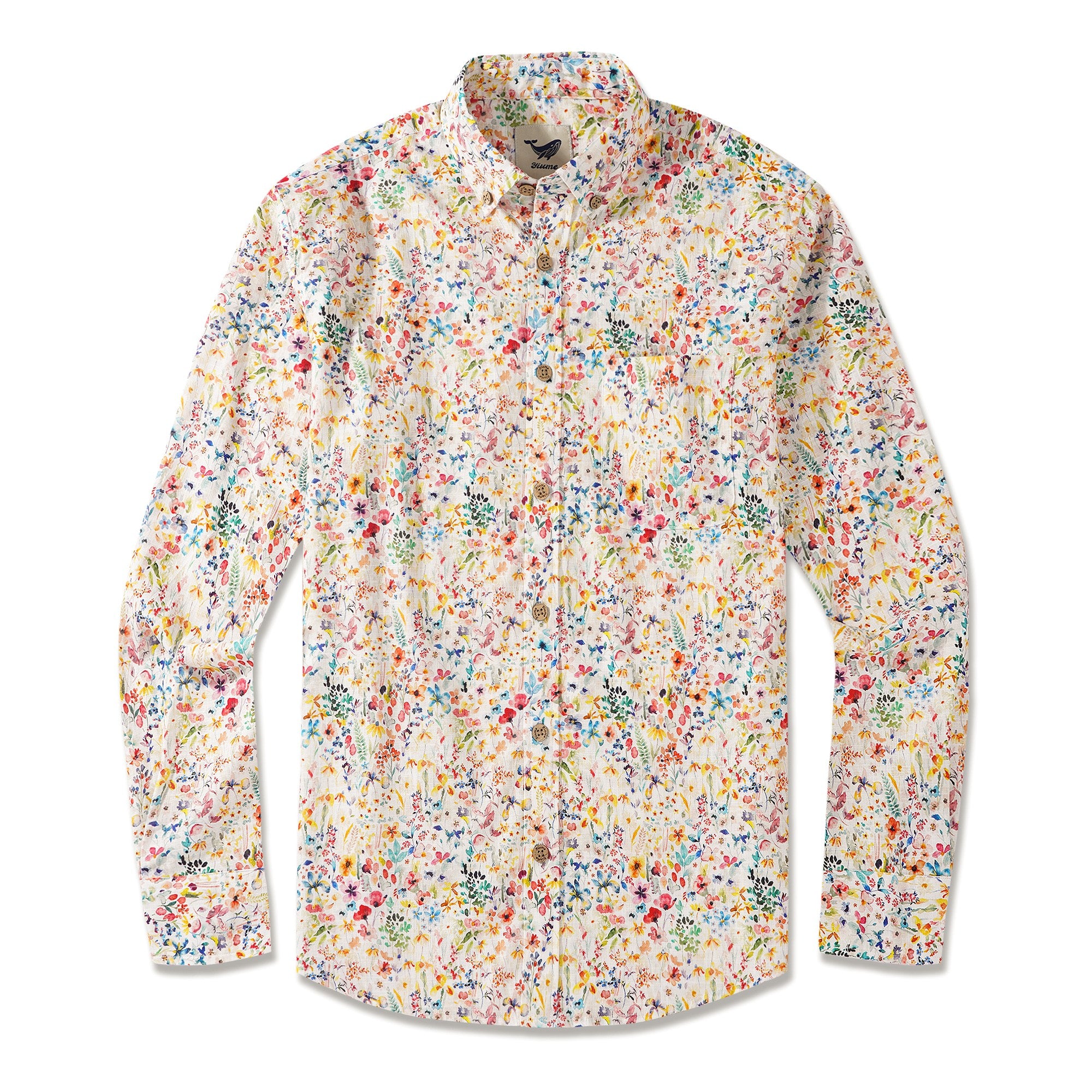 Men's Hawaiian Shirt Long Sleeve Button-down 100% Cotton Yellow Aloha Poetic Flower House