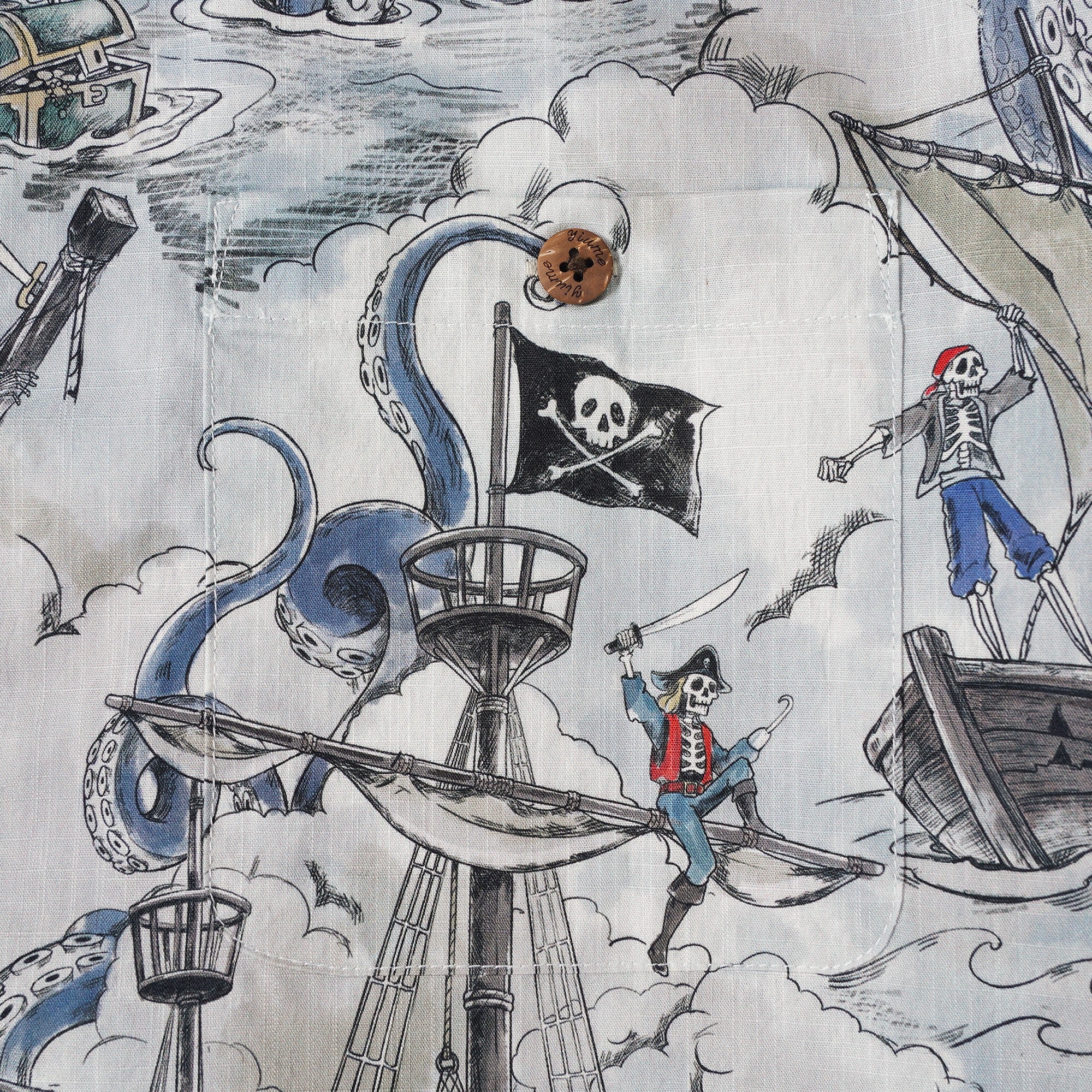 Men's Hawaiian Shirt Short Sleeve Camp Collar 100% Cotton Blue Aloha Mermaid's Skull Island