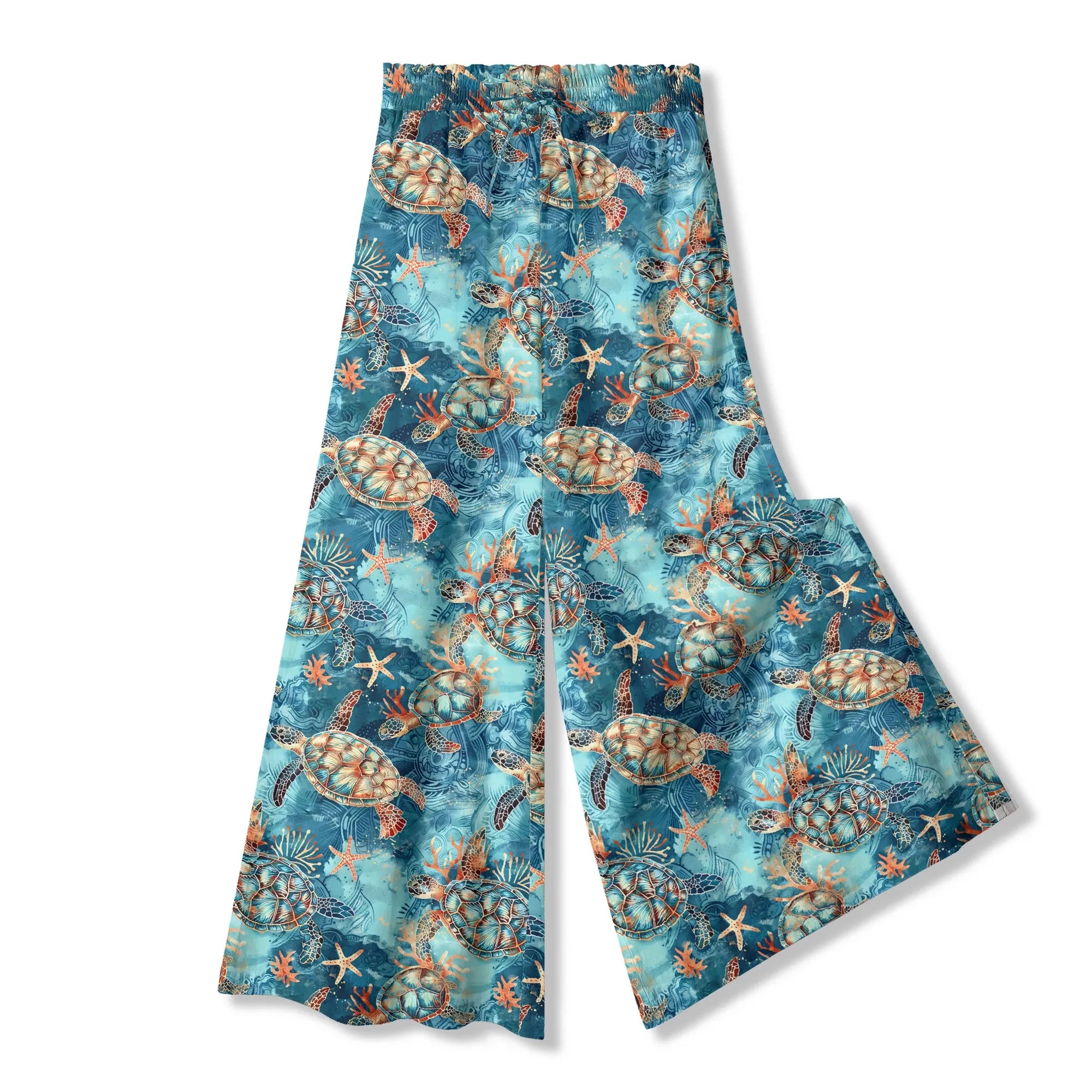 Artistic turtle print women's pants, blue and gold