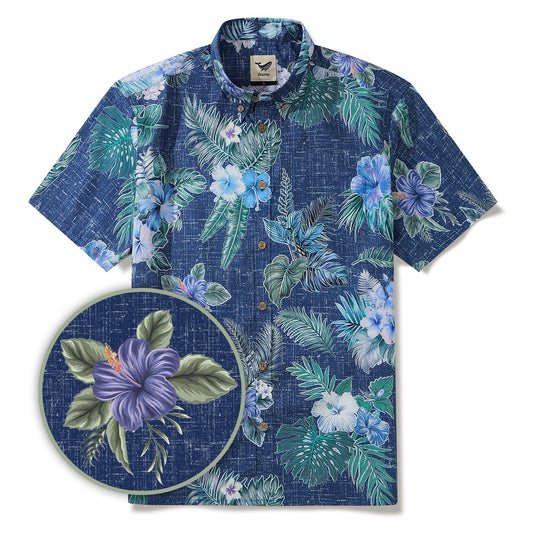 Chemise hawaïenne pour homme à manches courtes, boutonnée, 100 % coton, verte, Aloha, fleurs bleues tranquilles.