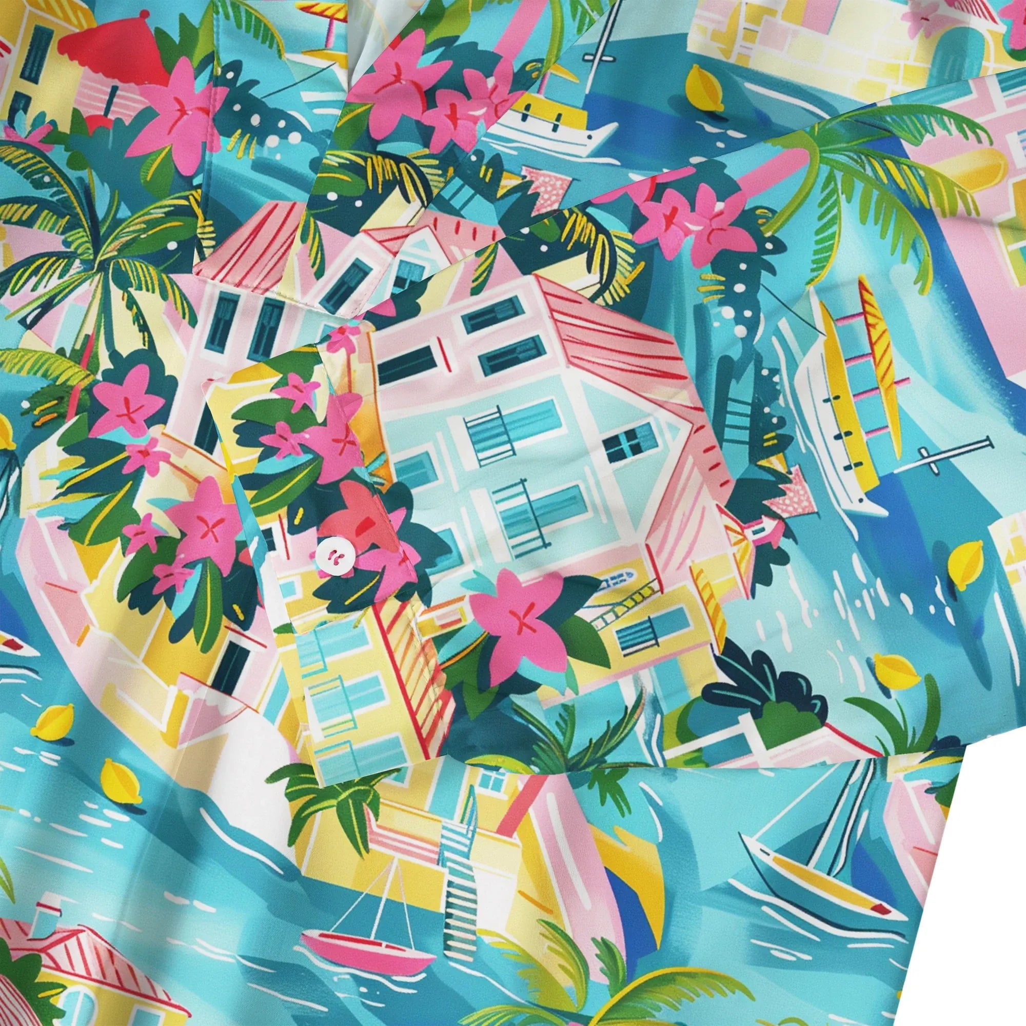 Art-inspired women's blouse in blue with tropical design