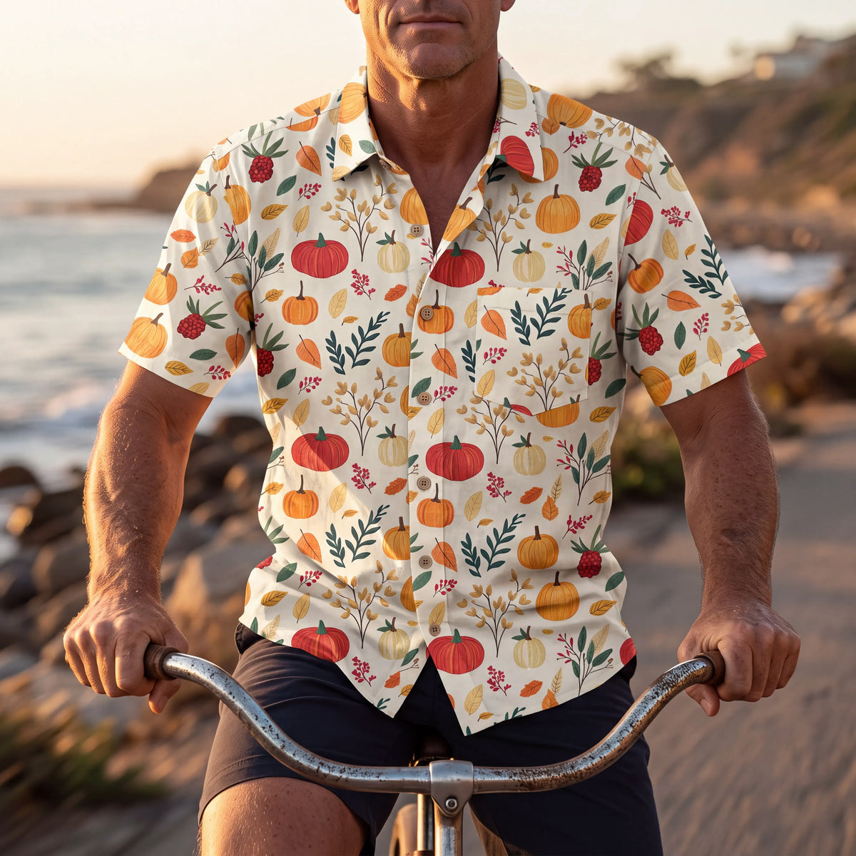Men's Hawaiian Shirt with Thanksgiving pumpkin leaf pattern, short sleeve