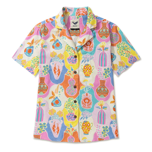 Frauen Hawaiian Hemd Kurzarm Camp Camp Hals 100% Baumwoll Orange Aloha Bunte kitschige Vasen von Mona Ahmed