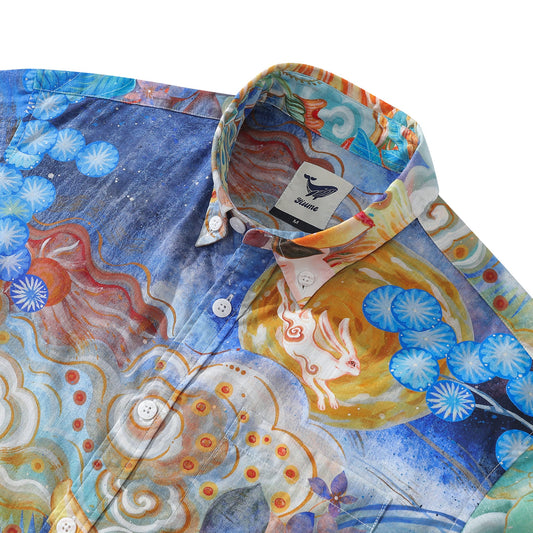 Yiume Men's Designer Hawaiian Shirt Cloud-wandering Koi Print Cotton Blue Aloha Shirt