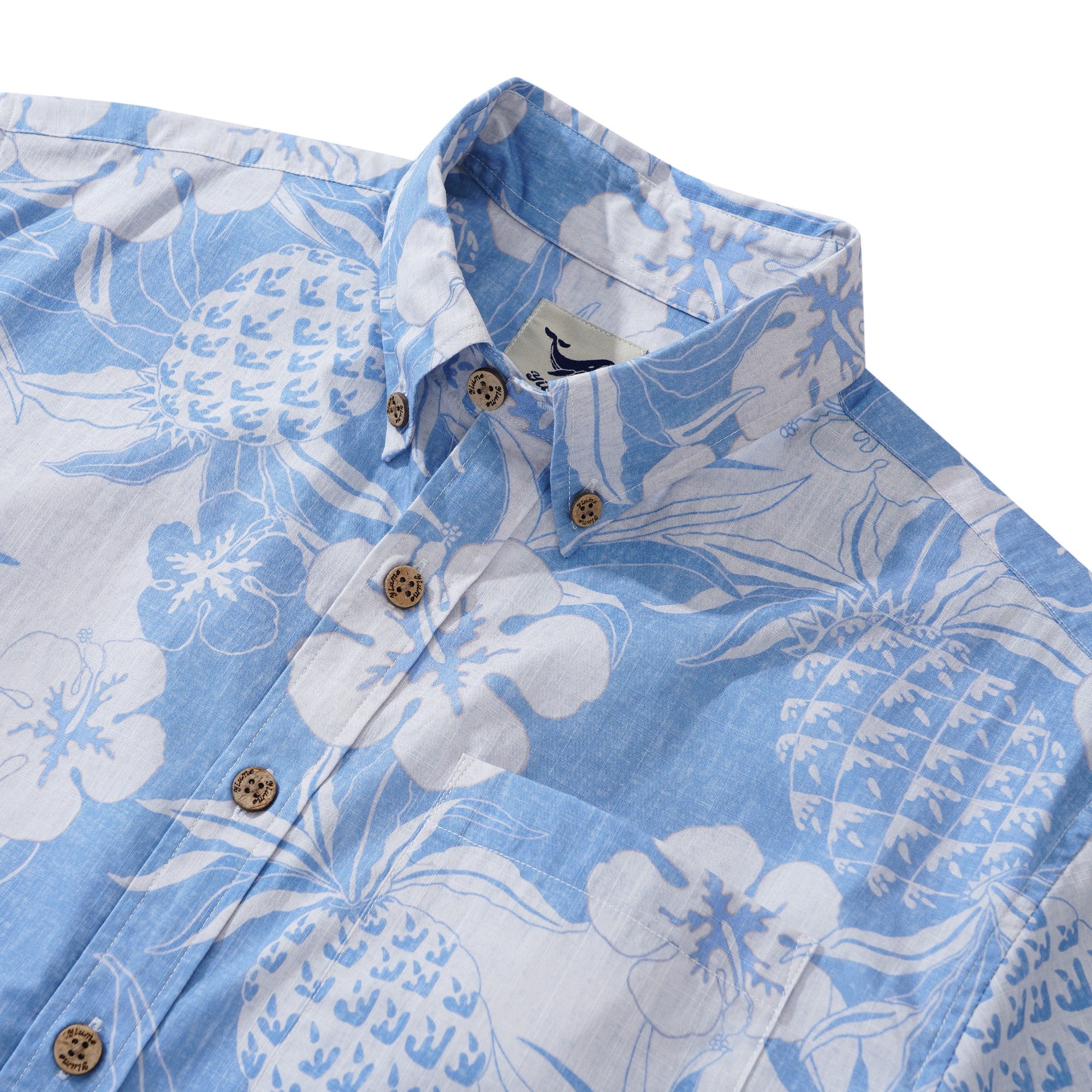 Chemise hawaïenne masculine à manches courtes à manches courtes 100% coton blue ananas et hibiscus hawaïen