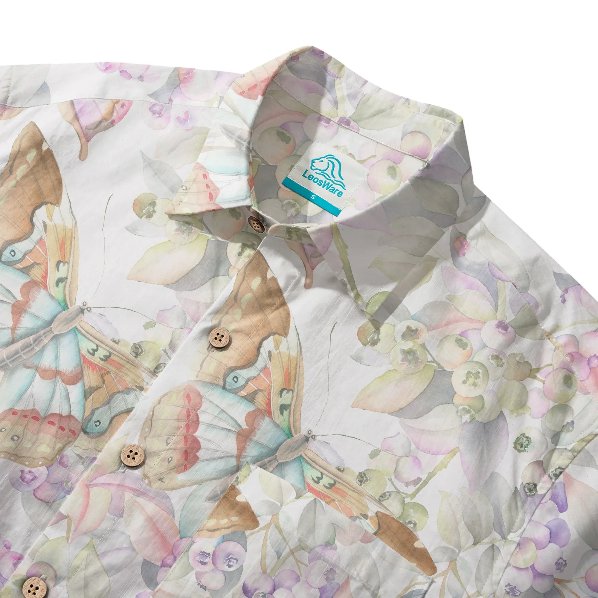 Close-up of butterfly and berry print on men's shirt