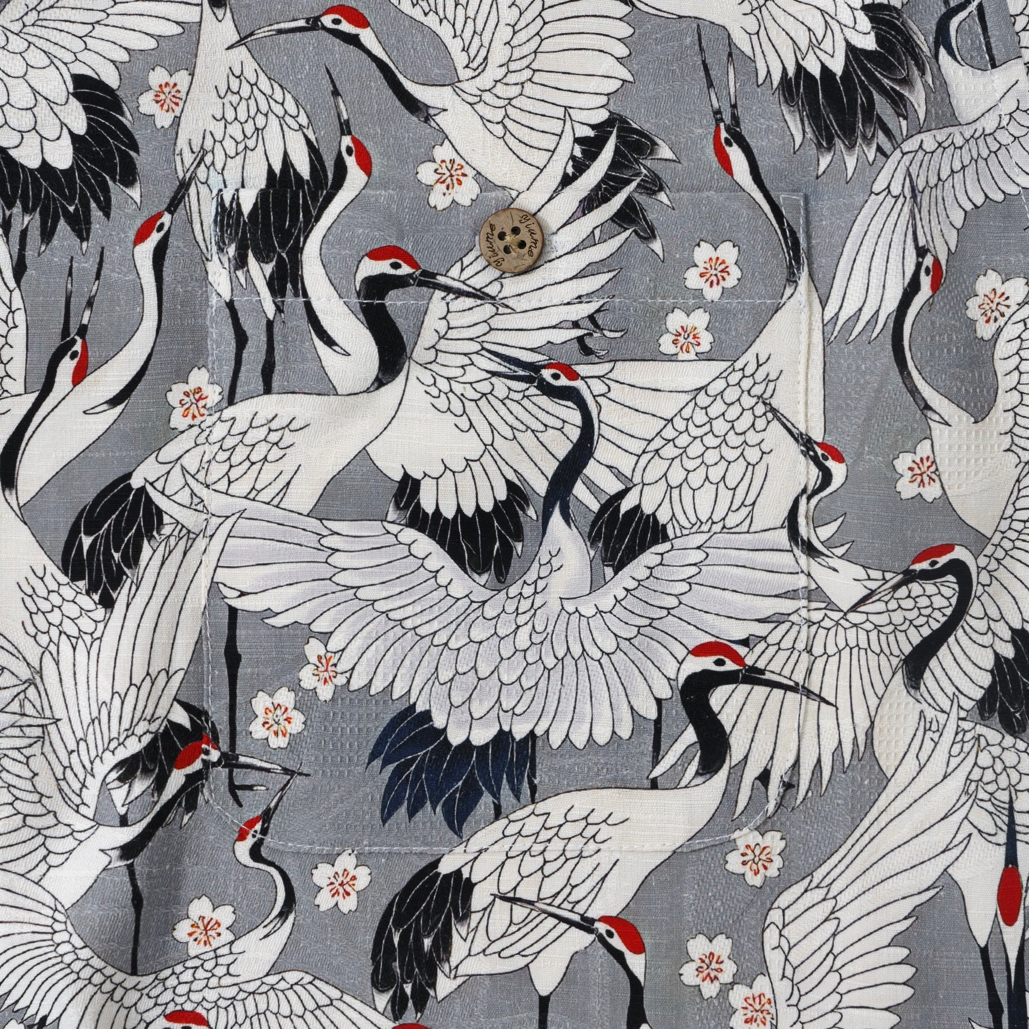 Herren-Hawaii-Hemd Langarm-Button-Down 100% Seidengrau Aloha Das Fest der Kraniche