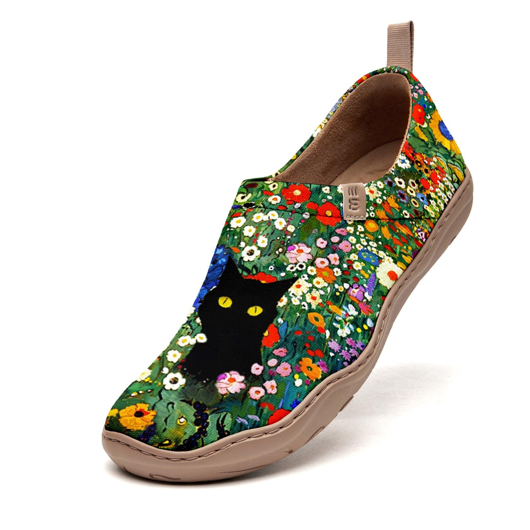 Yiume Frauenkunst Slip-on lässige Schuhe Schwarze Katze Blüte gemalt, 100% Baumwolle