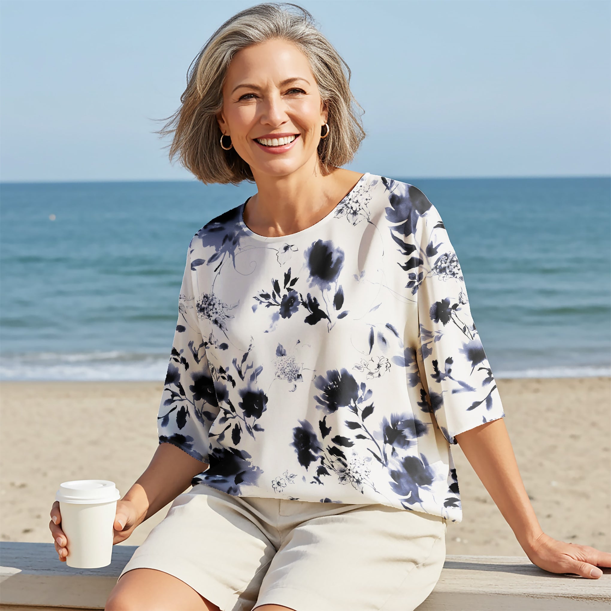 Womens White Casual Blouse Elbow Sleeves Round Neck Button-Back 100% Lyocell White Aloha Eastern Ink Charm