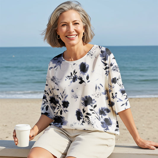 Womens White Casual Blouse Elbow Sleeves Round Neck Button-Back 100% Lyocell White Aloha Eastern Ink Charm