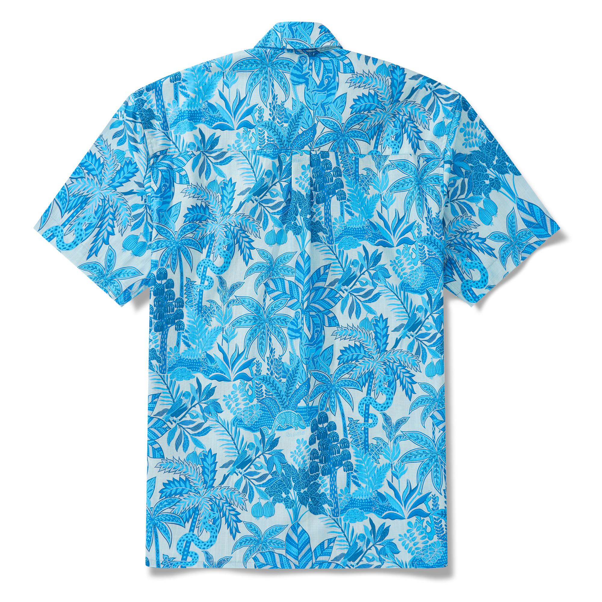 Herren-Hawaiian-Hemd Kurzärmel Button 100% Baumwollblau Aloha Jungle Paradise