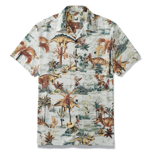 100% Silk Men's Dinosaur Shirts With Camp Collar Jurassic Dinos Park Luxurious - Silk Dinosaur Land(silk)