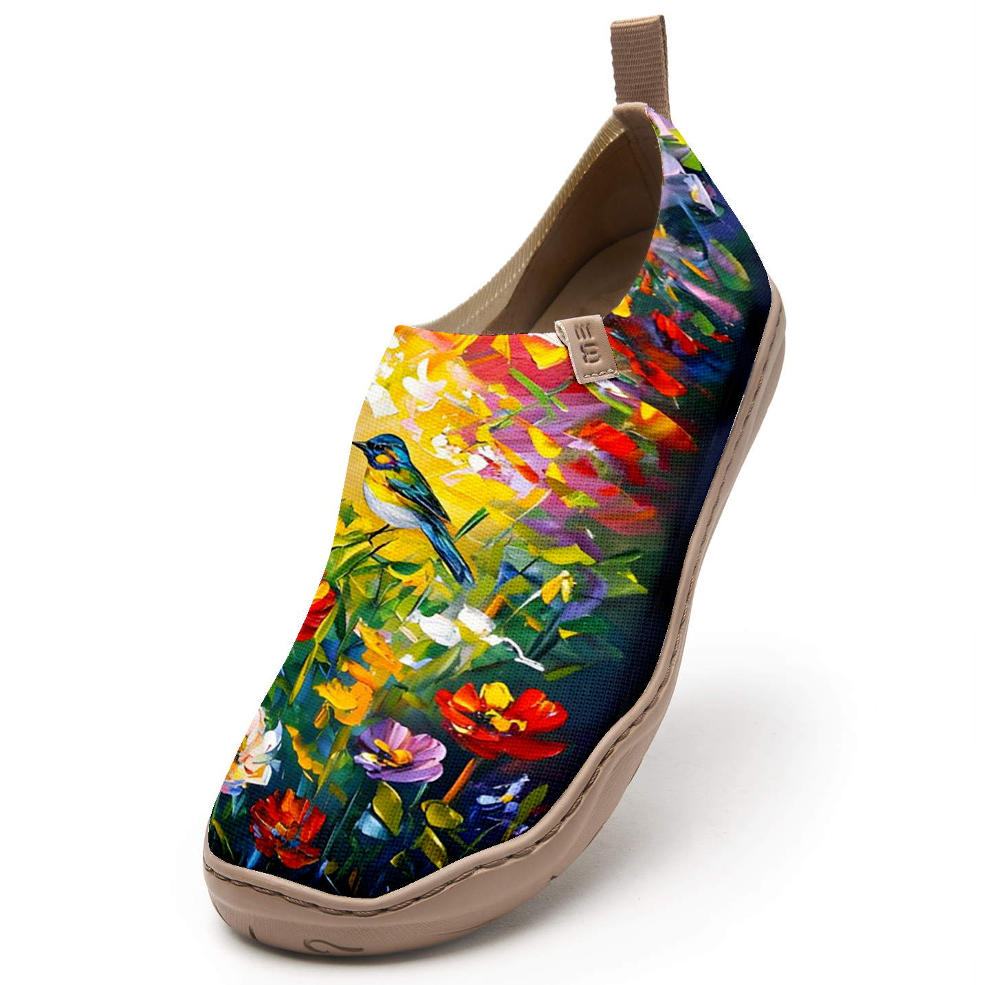Paint d'huile oiseaux et fleurs chaussures de femmes bleues chaussures bleues florales