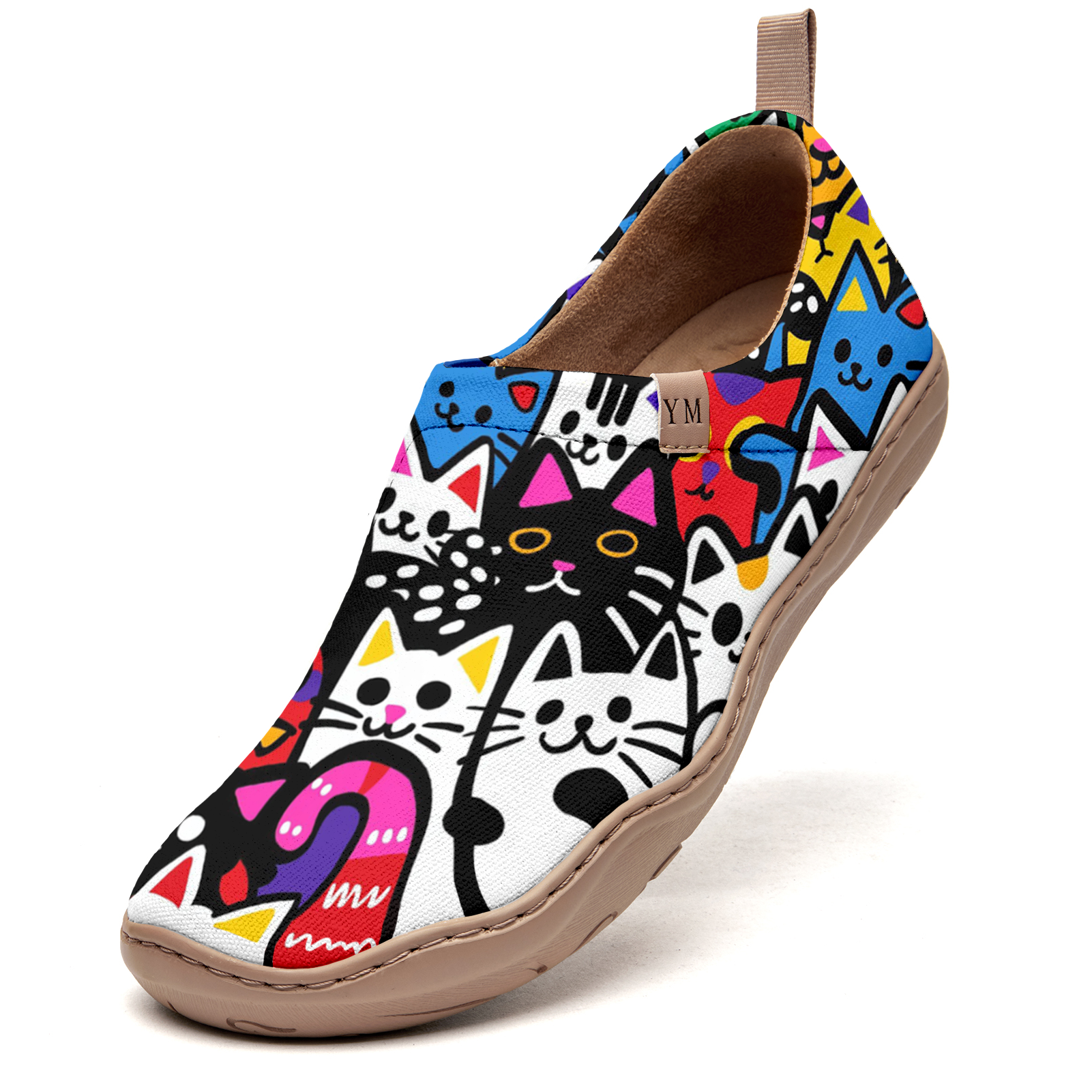 Women's Foldable Loafers, Paws Party Blue Painted Canvas Slip-On Sneakers,100% Cotton Colorful Cats
