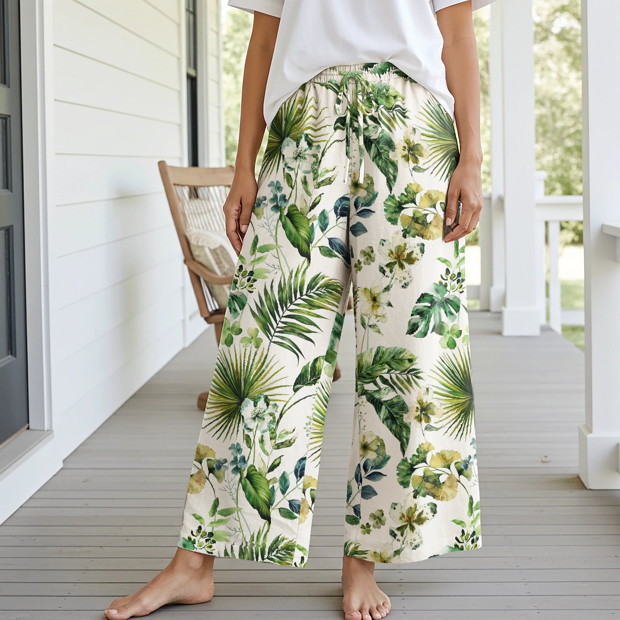 Women Casual Pants Lounge Elastic Waist Drawstring with Pockets 93% Lyocell, 7% Linen Green Aloha Fresh Rainforest Flowers
