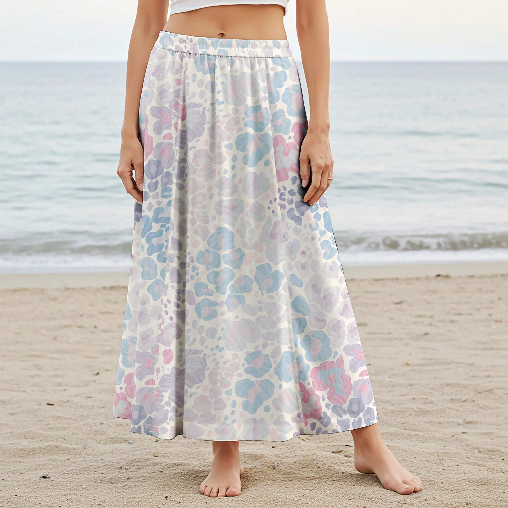 Women Casual Maxi Skirt Long Elastic Waist with Pockets 100% Cotton Beige Aloha Tropical Leopard Fantasy Camo Print