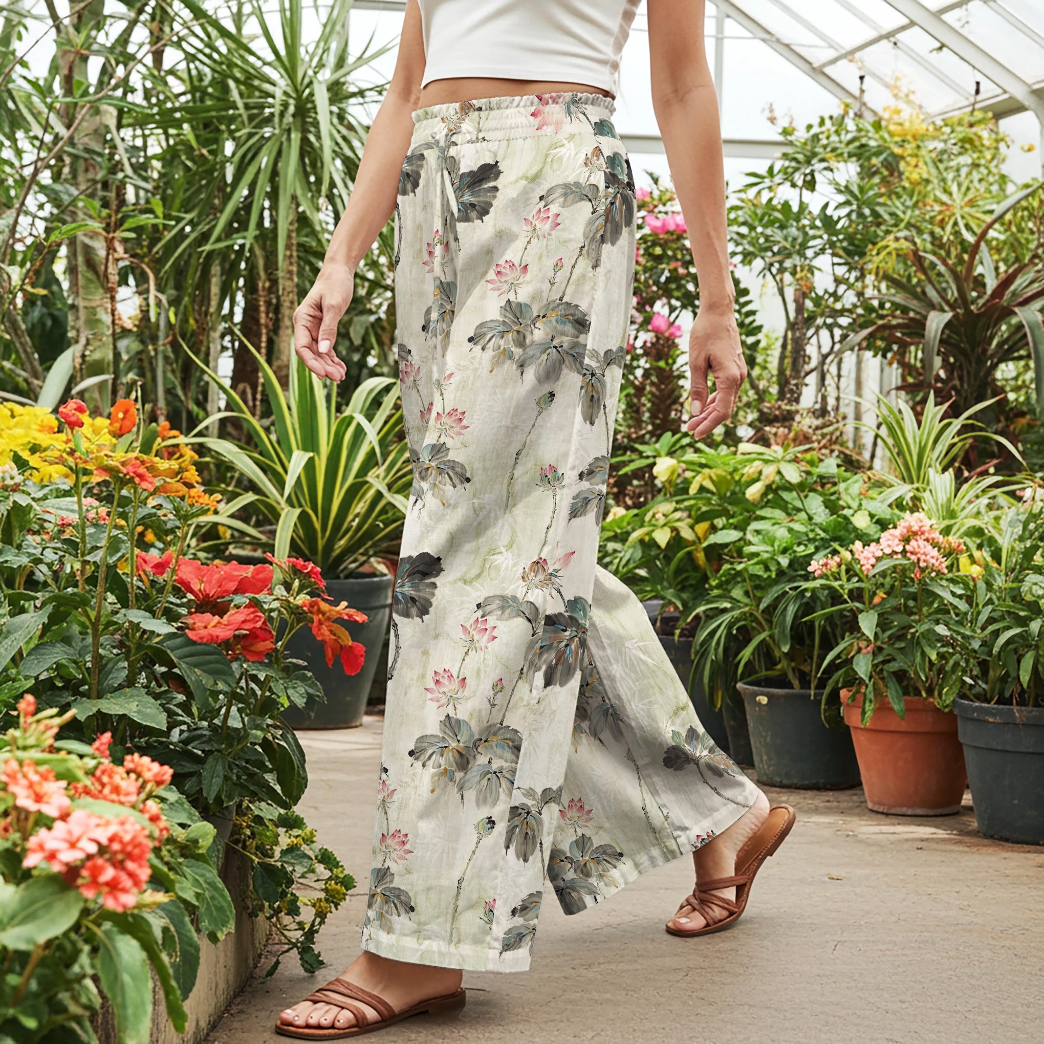 Women Casual Pants Lounge Elastic Waist Drawstring with Pockets 100% Cotton Green Aloha Lotus Charm