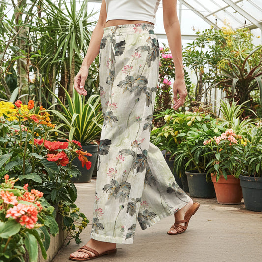 Women Casual Pants Lounge Elastic Waist Drawstring with Pockets 100% Cotton Green Aloha Lotus Charm