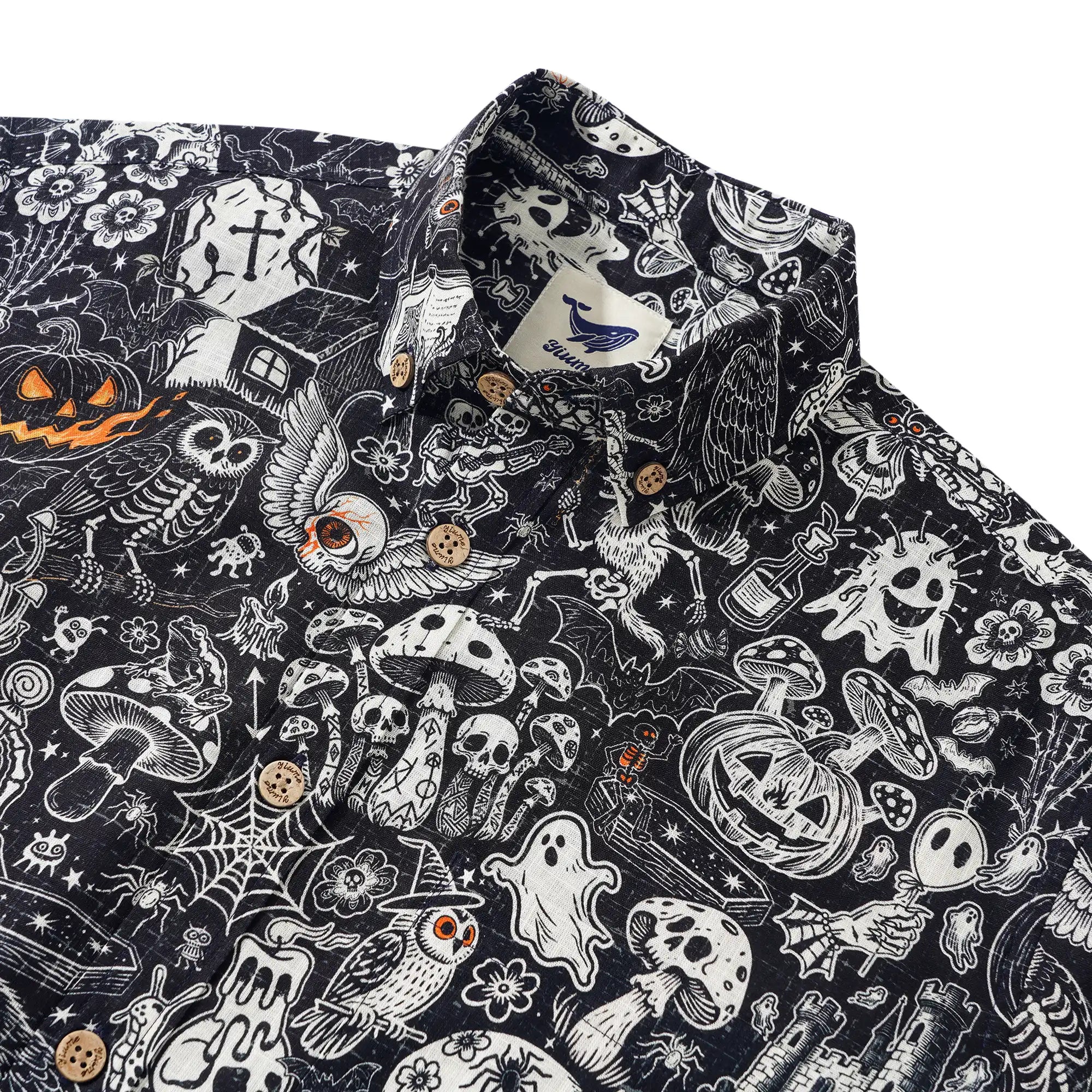 Men's Hawaiian Shirt Long Sleeve Button-down 100% Cotton Black Aloha Halloween Bash