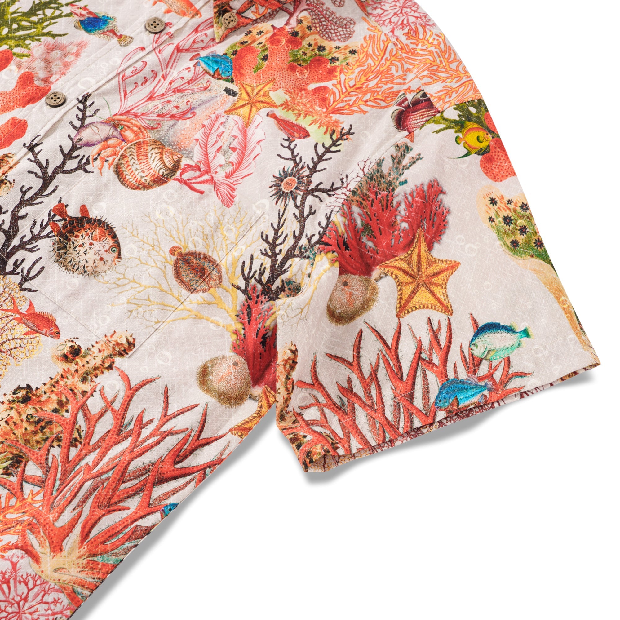 Men's Hawaiian Shirt Short Sleeve Button-down 100% Cotton Beige Aloha Marine Fantasia