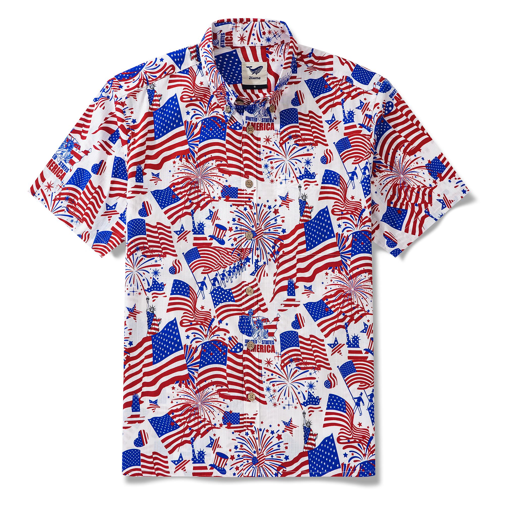 Chemise hawaïenne masculine à manches courtes à manches courtes 100% coton Blue Aloha American Célébration