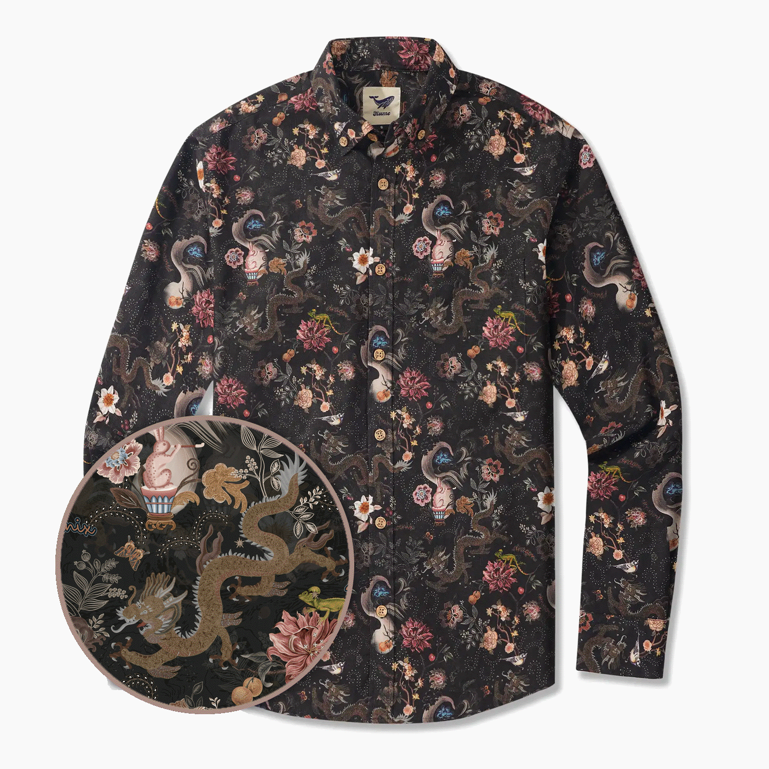 Men's Hawaiian Shirt Long Sleeve Button-down 100% Cotton Black Aloha Ink Charm Eastern Dream