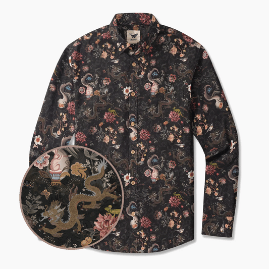 Men's Hawaiian Shirt Long Sleeve Button-down 100% Cotton Black Aloha Ink Charm Eastern Dream