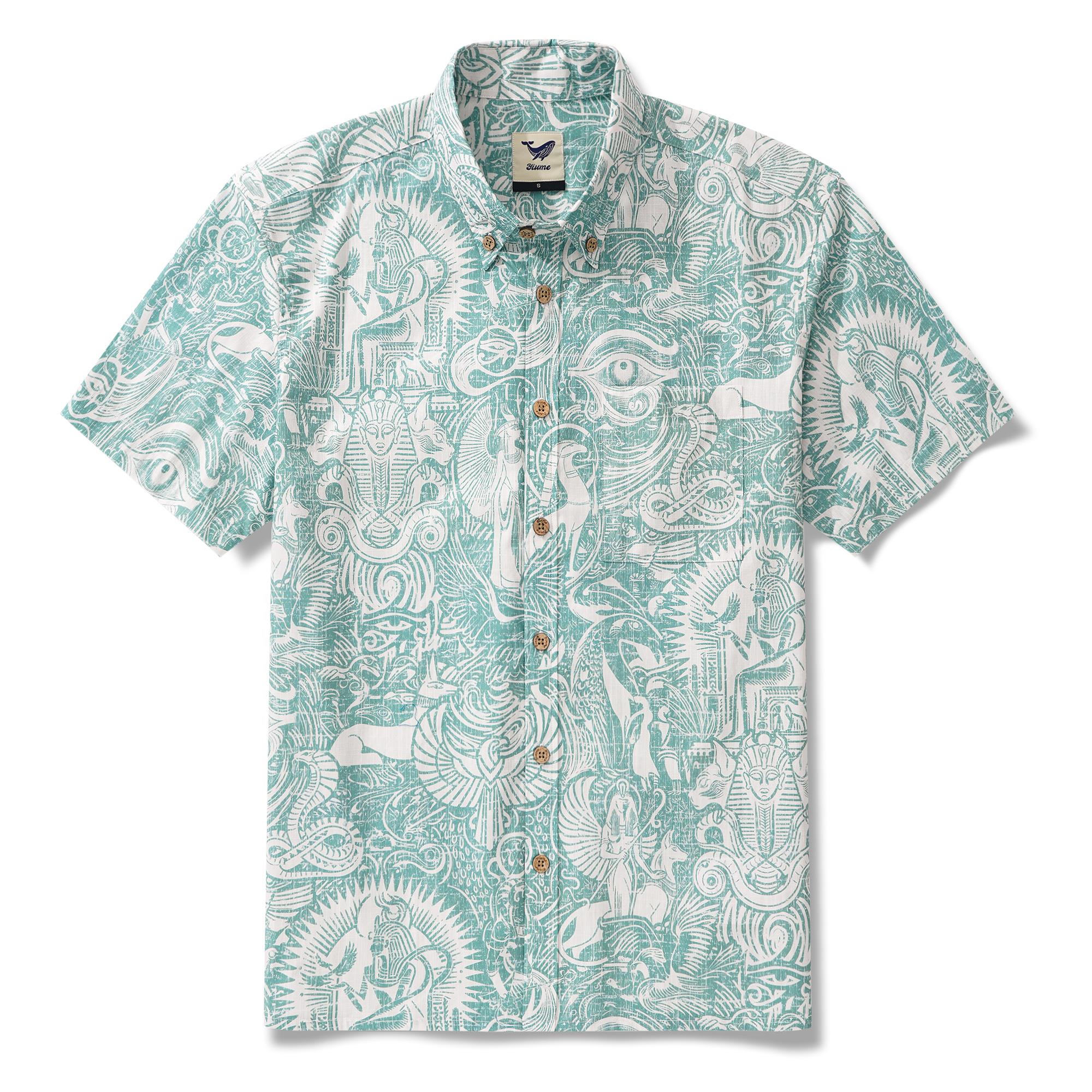 Chemise hawaïenne masculine à manches courtes à manches courtes 100% coton vert alloha mythes égyptiens