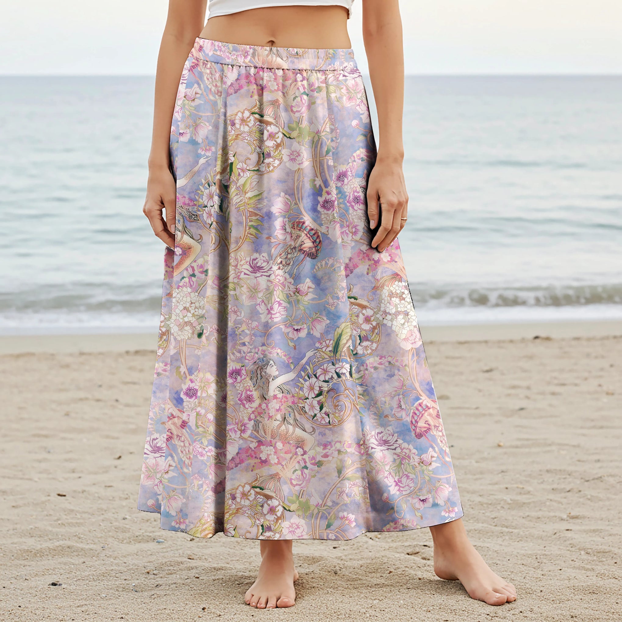 Women Casual Maxi Skirt Long Elastic Waist with Pockets 100% Cotton Aloha Enchanted Mossy Realm