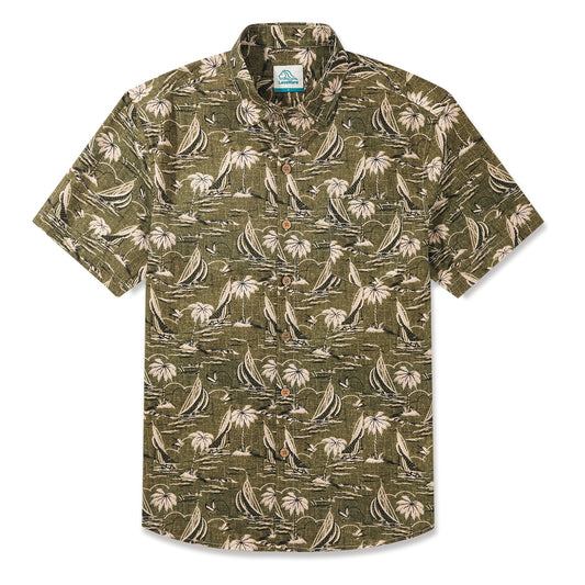 LeosWare® Men's Hawaiian Shirt Short Sleeve Button-up 100% Cotton Green Aloha Vintage Seaside Charm
